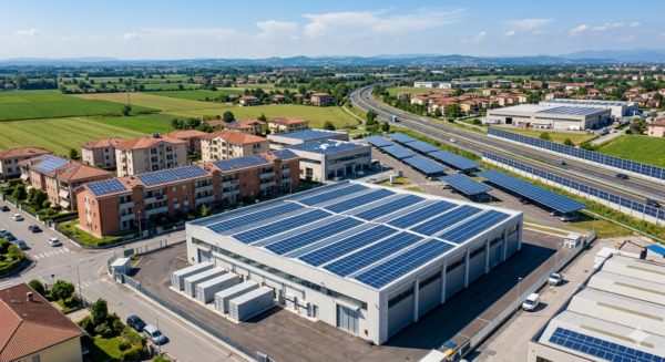 Esempio di fotovoltaico a consumo di suolo zero: pannelli solari installati su tetti industriali e infrastrutture autostradali.