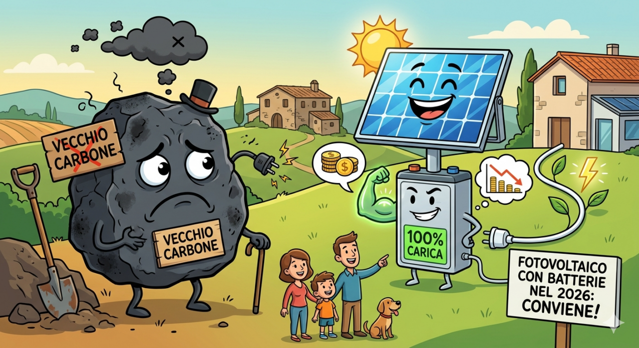 Fotovoltaico con batterie nel 2026: 3 motivi per cui conviene più dei fossili - 1 Vignetta Illustrata Che Spiega Perché Il Fotovoltaico Con Batterie Nel 2026 È Più Conveniente Del Carbone E Delle Fonti Fossili