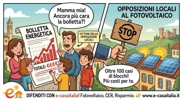 Vignetta illustrativa sul Fotovoltaico in Italia 2026: i blocchi locali causano l'aumento dei costi in bolletta per le famiglie.