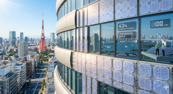 Ingegneri visionano un impianto fotovoltaico con tecnologia a perovskite ad alta efficienza con lo skyline di Tokyo sullo sfondo