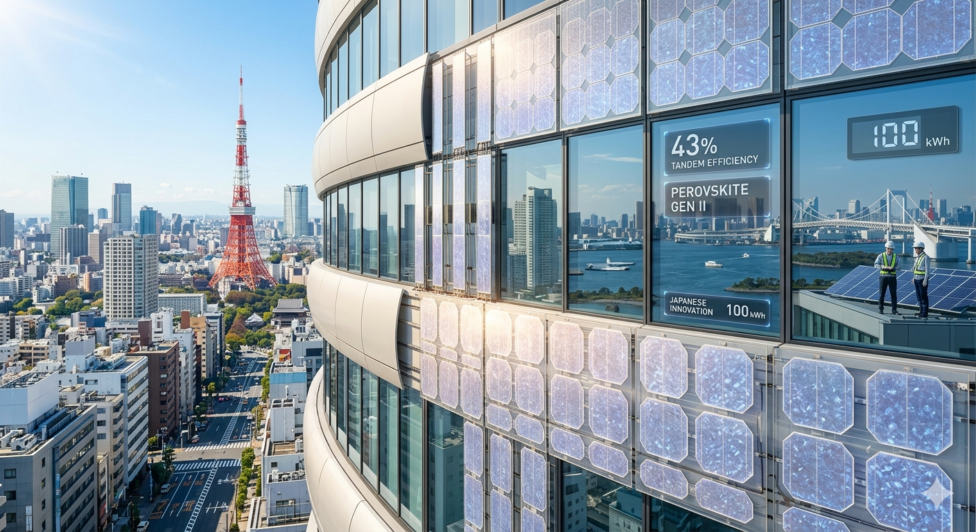 Homepage - 159 Ingegneri Visionano Un Impianto Fotovoltaico Con Tecnologia A Perovskite Ad Alta Efficienza Con Lo Skyline Di Tokyo Sullo Sfondo
