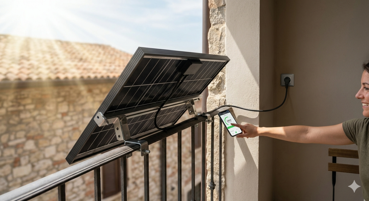 10 vantaggi del fotovoltaico da balcone: l’innovazione britannica che ispira l’italia - 3 Dettaglio Tecnico Dell'Installazione Di Un Kit Fotovoltaico Da Balcone Di E-Casaitalia, Fissato Correttamente Alla Ringhiera E Rivolto Verso L'Esterno Per Catturare Il Sole. Sullo Schermo Dello Smartphone Si Legge La Produzione Attiva '280W Generating