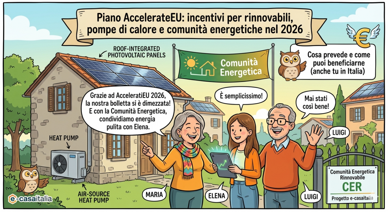 Piano accelerateeu: incentivi per rinnovabili, pompe di calore e comunità energetiche nel 2026 - 1 Vignetta Illustrativa Sugli Incentivi Del Piano Accelerateeu 2026 Per Pompe Di Calore E Comunità Energetiche In Italia