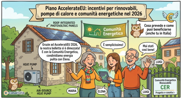 Vignetta illustrativa sugli incentivi del Piano AccelerateEU 2026 per pompe di calore e comunità energetiche in Italia