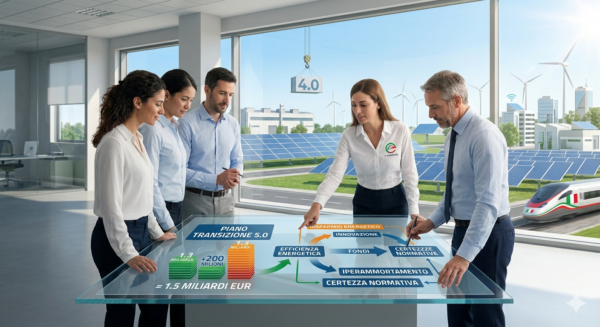 Team in ufficio moderno osserva un tavolo digitale con grafici sui 1,5 miliardi di euro del Piano Transizione 5.0 e icone di pannelli solari e pale eoliche