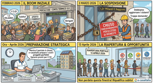 Vignetta illustrativa sulla riapertura del portale Conto Termico 3.0 del 13 aprile 2026 e fasi di richiesta incentivi GSE