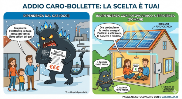 Installazione di pannelli fotovoltaici su un tetto residenziale per contrastare il caro bolletta elettrica in Italia.