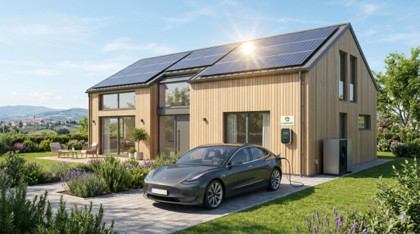 Esempio di riqualificazione energetica 2026: casa moderna con pannelli fotovoltaici e auto elettrica in ricarica tramite wallbox.