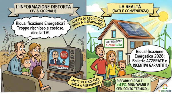 Vignetta che confronta la disinformazione dei media sulla transizione energetica con la realtà della riqualificazione energetica 2026 e il risparmio garantito da e-casaitalia.