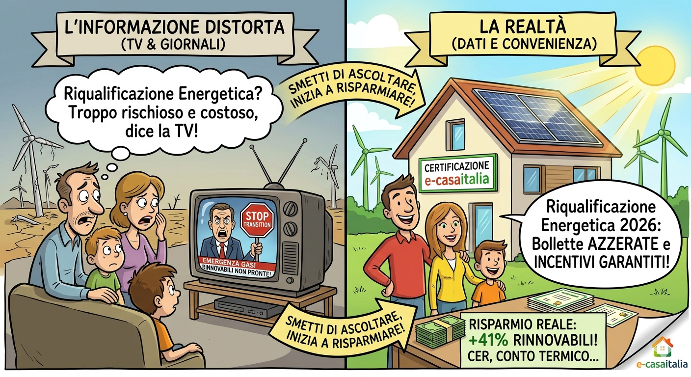 Homepage - 157 Vignetta Che Confronta La Disinformazione Dei Media Sulla Transizione Energetica Con La Realtà Della Riqualificazione Energetica 2026 E Il Risparmio Garantito Da E-Casaitalia.