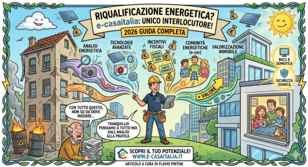 Vignetta illustrativa sulla riqualificazione energetica integrata di e-casaitalia con focus su incentivi, fotovoltaico e comunità energetiche