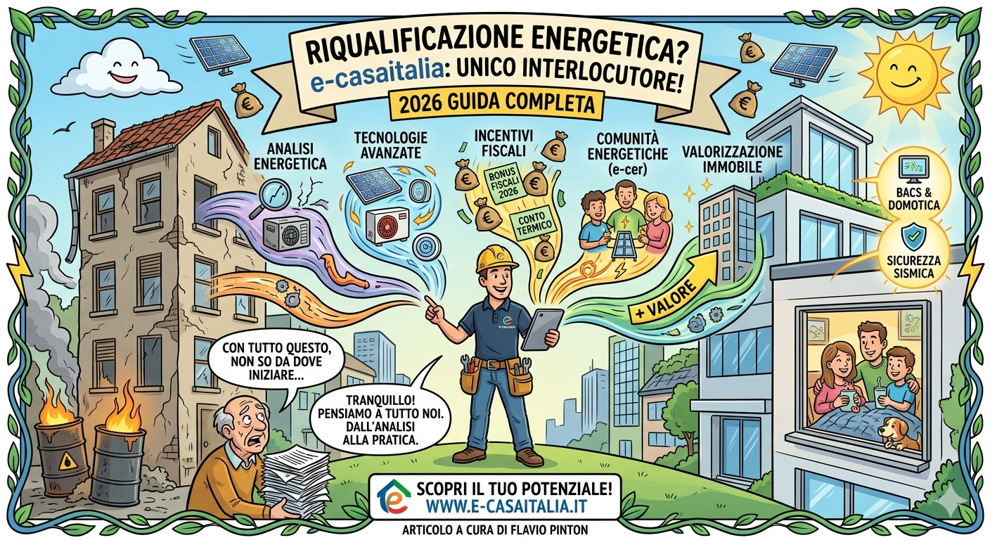Homepage - 157 Vignetta Illustrativa Sulla Riqualificazione Energetica Integrata Di E-Casaitalia Con Focus Su Incentivi, Fotovoltaico E Comunità Energetiche