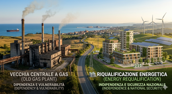 Riqualificazione energetica: il passaggio dalla dipendenza dal gas all'indipendenza delle fonti rinnovabili. Illustrazione divisa a met&agrave;: a sinistra una vecchia fabbrica industriale con ciminiere e fumo grigio; a destra edifici moderni ecosostenibili con verde verticale, fotovoltaico e pale eoliche su colline soleggiate