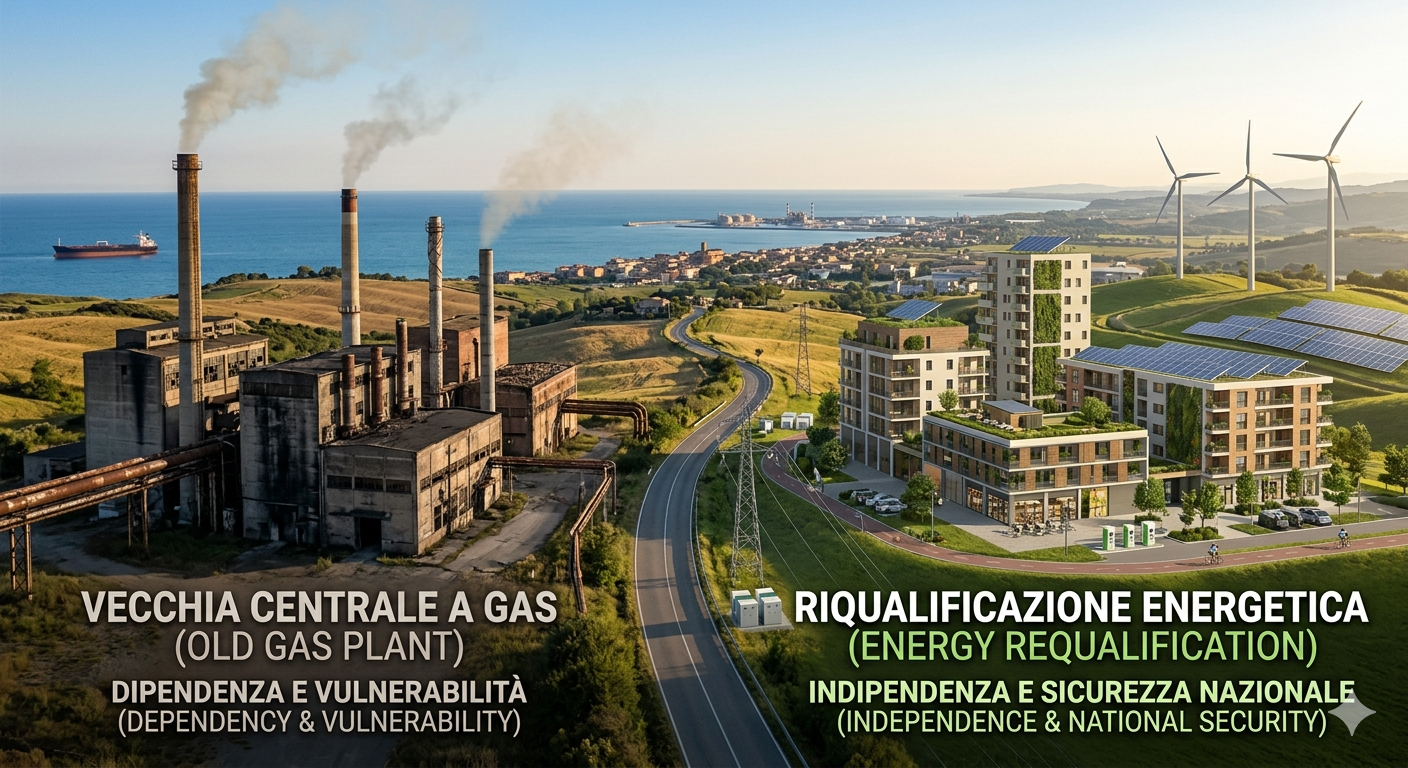 Homepage - 173 Riqualificazione Energetica: Il Passaggio Dalla Dipendenza Dal Gas All'Indipendenza Delle Fonti Rinnovabili. Illustrazione Divisa A Metà: A Sinistra Una Vecchia Fabbrica Industriale Con Ciminiere E Fumo Grigio; A Destra Edifici Moderni Ecosostenibili Con Verde Verticale, Fotovoltaico E Pale Eoliche Su Colline Soleggiate