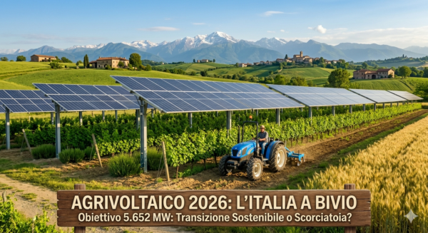 "Impianto di agrivoltaico 2026 in Italia con pannelli solari sopra filari di vite e un agricoltore su un trattore azzurro impegnato nella lavorazione del terreno."