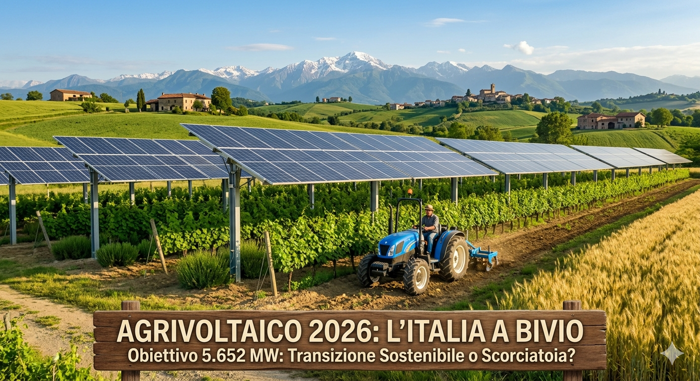 Homepage - 157 &Quot;Impianto Di Agrivoltaico 2026 In Italia Con Pannelli Solari Sopra Filari Di Vite E Un Agricoltore Su Un Trattore Azzurro Impegnato Nella Lavorazione Del Terreno.&Quot;