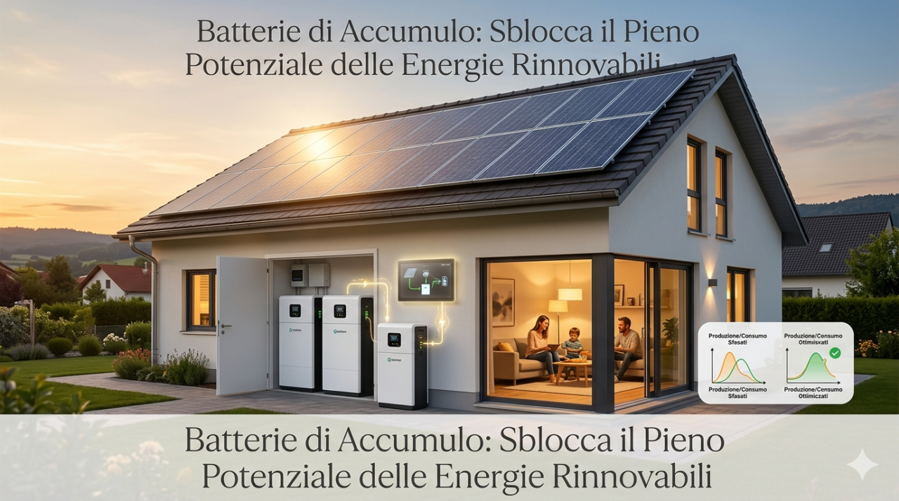 1 vero limite del fotovoltaico (e perché scegliere le batterie di accumulo) - 1 Fotografia Di Una Casa Moderna Con Pannelli Fotovoltaici Sul Tetto. All'Interno Di Un Garage Aperto Sono Visibili Batterie Di Accumulo. Al Testo Sono Sovrapposte Scritte In Italiano Che Recitano: 'Energie Rinnovabili E Accumulo: Perché Produrre Non Basta E Cosa Fare'. L'Immagine Mostra L'Integrazione Di Tecnologie Solari E Batterie Per Ottimizzare L'Uso Dell'Energia Domestica