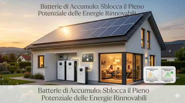 Fotografia di una casa moderna con pannelli fotovoltaici sul tetto. All'interno di un garage aperto sono visibili batterie di accumulo. Al testo sono sovrapposte scritte in italiano che recitano: 'Energie rinnovabili e accumulo: perché produrre non basta e cosa fare'. L'immagine mostra l'integrazione di tecnologie solari e batterie per ottimizzare l'uso dell'energia domestica
