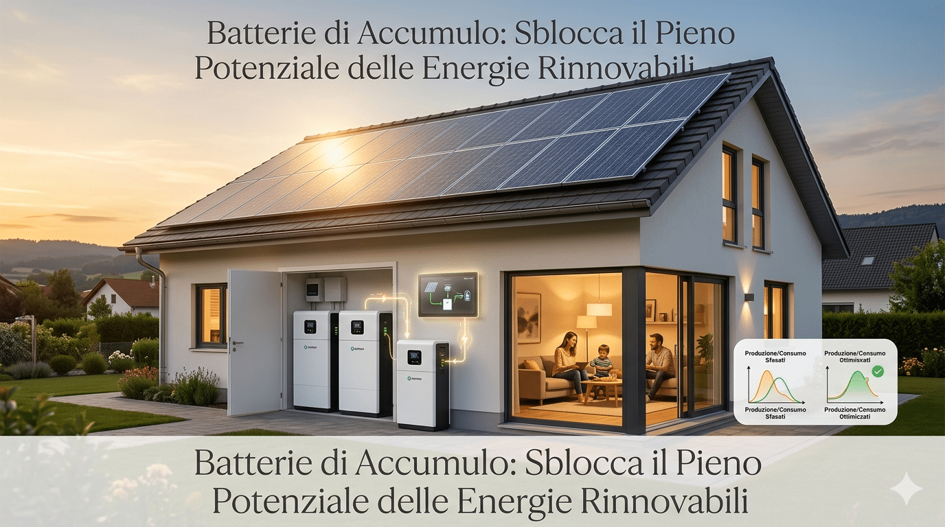 Homepage - 157 Fotografia Di Una Casa Moderna Con Pannelli Fotovoltaici Sul Tetto. All'Interno Di Un Garage Aperto Sono Visibili Batterie Di Accumulo. Al Testo Sono Sovrapposte Scritte In Italiano Che Recitano: 'Energie Rinnovabili E Accumulo: Perché Produrre Non Basta E Cosa Fare'. L'Immagine Mostra L'Integrazione Di Tecnologie Solari E Batterie Per Ottimizzare L'Uso Dell'Energia Domestica