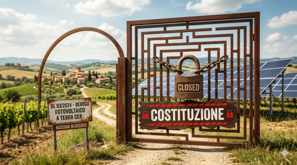 Un cancello di ferro a forma di labirinto chiuso da una catena e un lucchetto con la scritta CLOSED, posizionato davanti a un impianto fotovoltaico a terra nelle CER in un paesaggio rurale italiano. Sul cancello compare la frase sul blocco normativo.