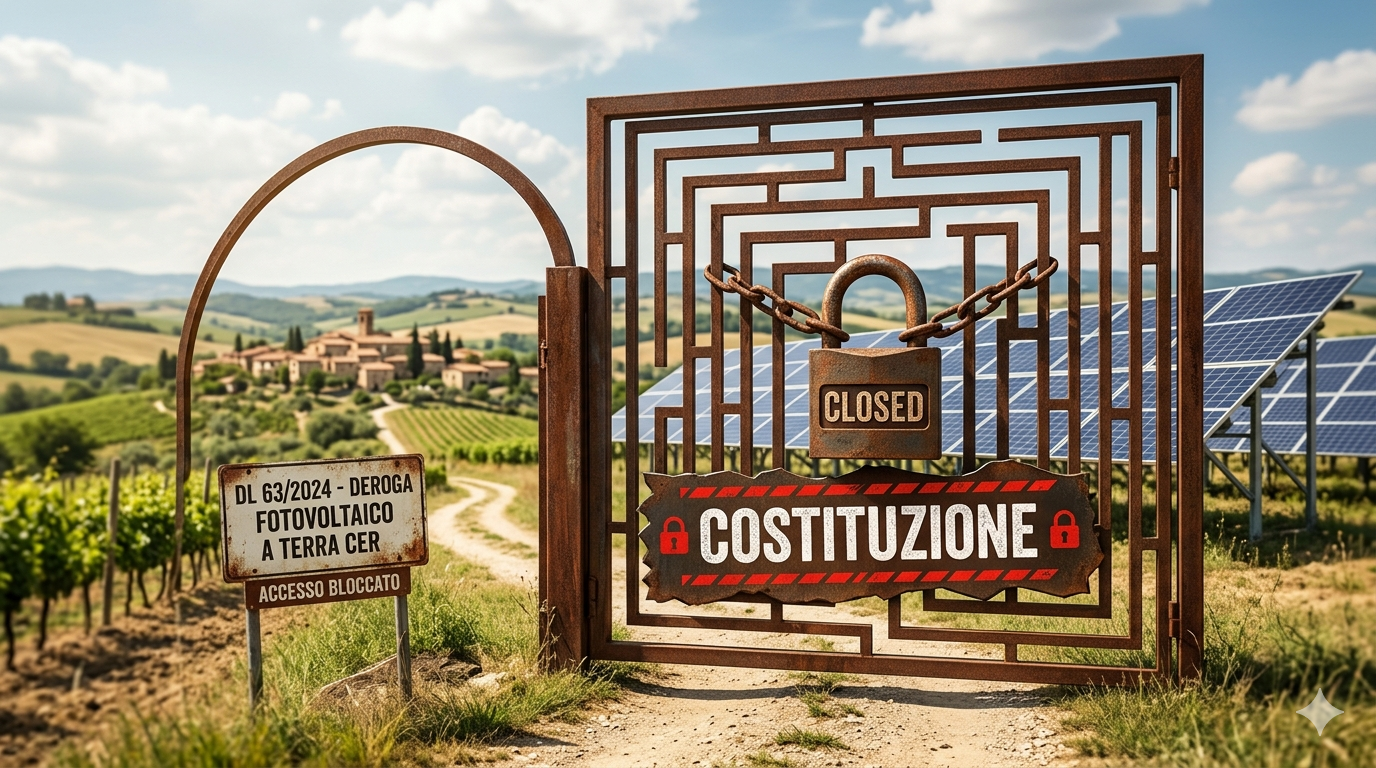 Il giornale - 62 Un Cancello Di Ferro A Forma Di Labirinto Chiuso Da Una Catena E Un Lucchetto Con La Scritta Closed, Posizionato Davanti A Un Impianto Fotovoltaico A Terra Nelle Cer In Un Paesaggio Rurale Italiano. Sul Cancello Compare La Frase Sul Blocco Normativo.