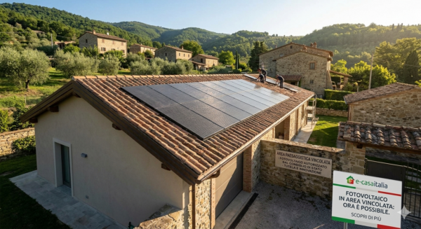impianto fotovoltaico in area vincolata sul tetto in coppi di un borgo storico. In primo piano spicca il cartello informativo di e-casaitalia che illustra la fattibilità dell'opera grazie alle recenti sentenze del Consiglio di Stato.