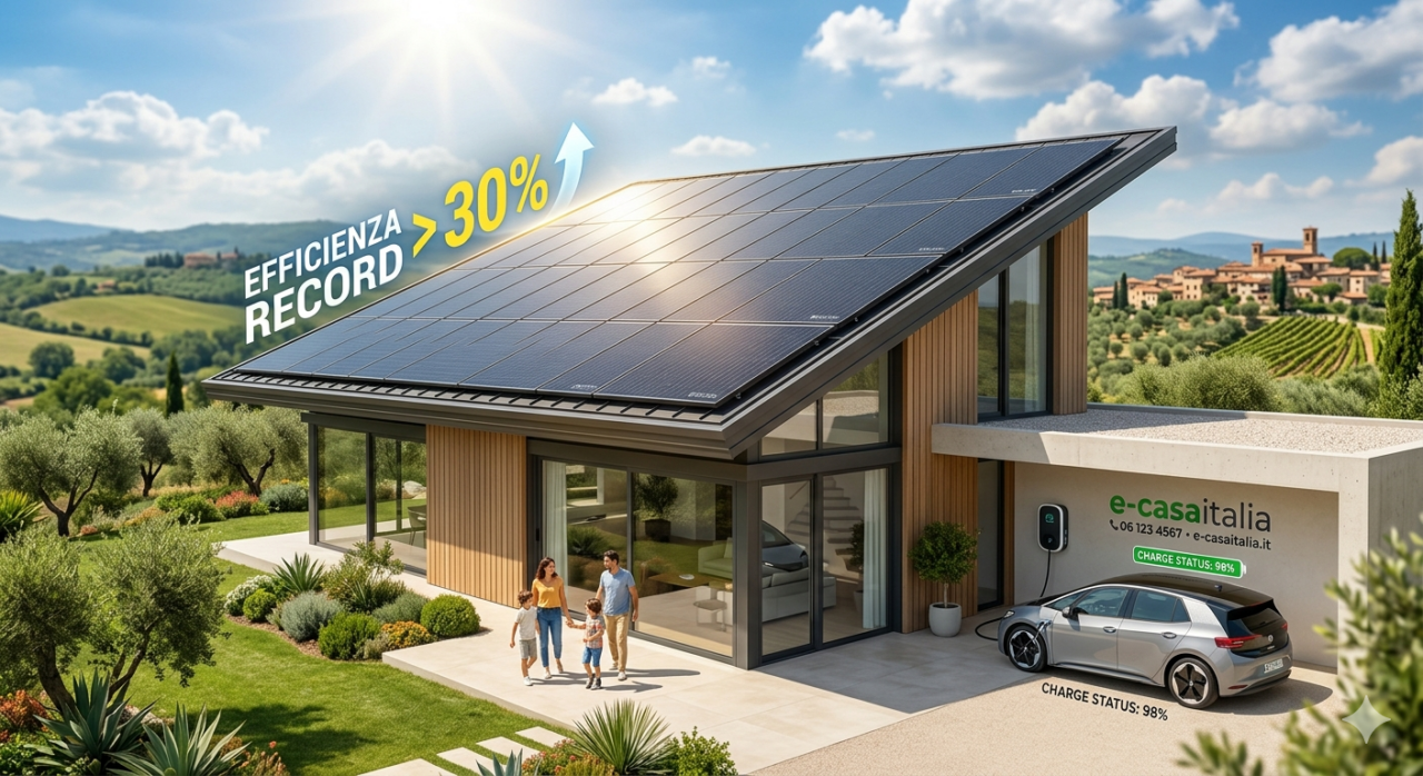 Pannelli fotovoltaici 2026: efficienza record e cosa significa per la tua casa - 1 Esempio Di Installazione Di Pannelli Fotovoltaici 2026 Ad Alta Efficienza Su Una Casa Moderna Con Auto Elettrica.