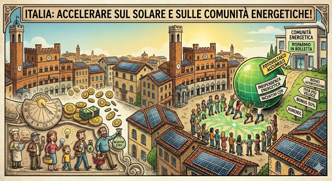 Prezzi energia negativi: 3 motivi per cui l'italia deve correre verso il solare entro il 2026 - 3 Vignetta Illustrativa Sull'Accelerazione Dell'Italia Verso L'Energia Solare E Le Comunità Energetiche In Risposta Ai Prezzi Energia Negativi.