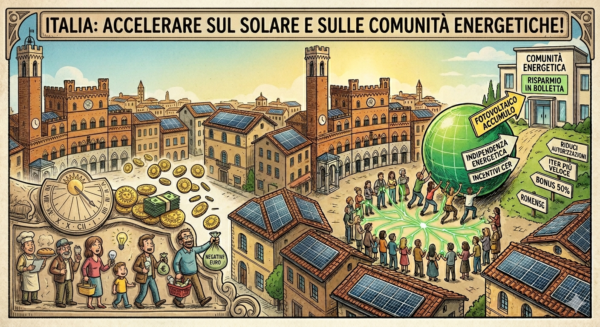 Vignetta illustrativa sull'accelerazione dell'Italia verso l'energia solare e le comunità energetiche in risposta ai prezzi energia negativi.