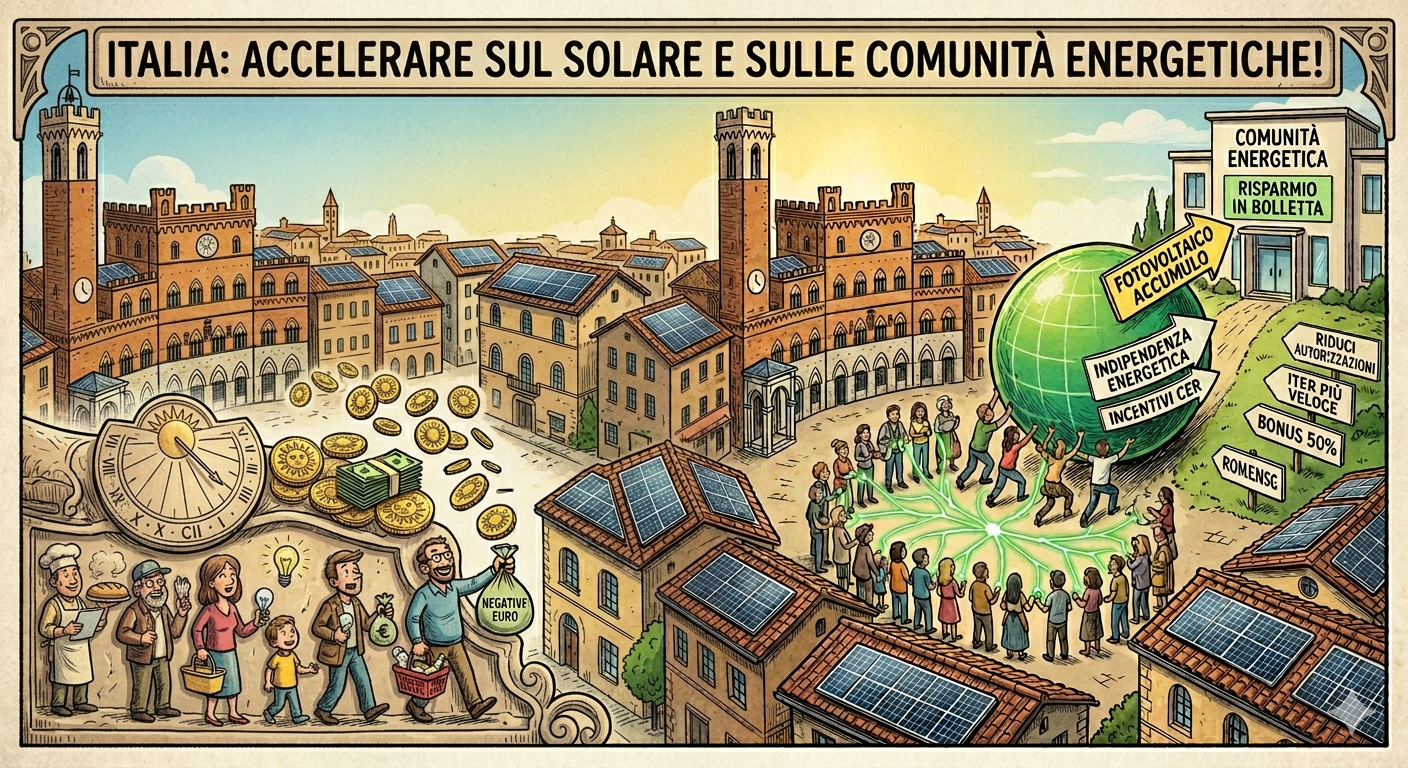 Homepage - 157 Vignetta Illustrativa Sull'Accelerazione Dell'Italia Verso L'Energia Solare E Le Comunità Energetiche In Risposta Ai Prezzi Energia Negativi.