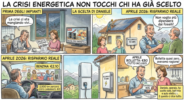 Infografica sul risparmio fotovoltaico e auto elettrica: confronto tra crisi energetica e la soluzione adottata da Daniele, operaio con bolletta di 80 euro.