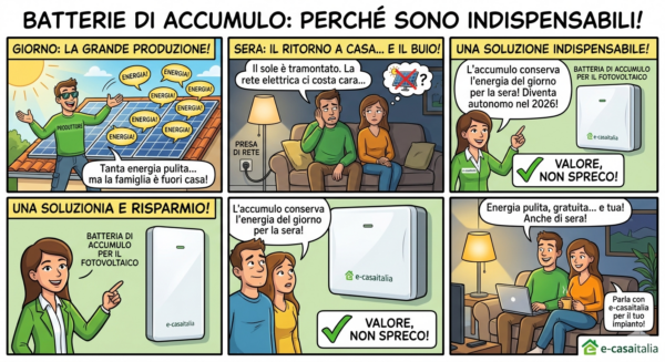 Vignetta illustrata di e-casaitalia che spiega i vantaggi delle batterie di accumulo per il fotovoltaico tra giorno e sera.