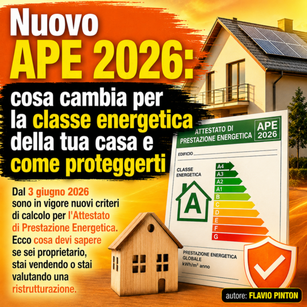 Infografica sulla classe energetica della casa con focus sul Nuovo APE 2026 e la Direttiva Case Green