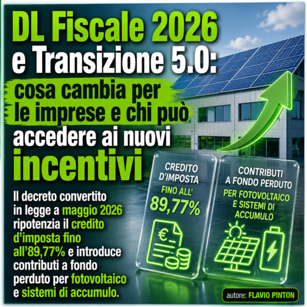 Infografica aziendale di Flavio Pinton sulle novità del DL Fiscale 2026 e Transizione 5.0: credito d'imposta all'89,77% e contributi a fondo perduto per impianti fotovoltaici industriali e batterie di accumulo.