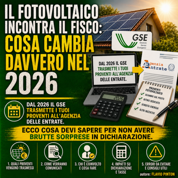 Infografica esplicativa sulla tassazione dei proventi GSE da fotovoltaico nel 2026. L'immagine illustra il nuovo meccanismo di trasmissione automatica dei dati dal GSE all'Agenzia delle Entrate e include una guida a 5 punti per una corretta dichiarazione. Autore Flavio Pinton.