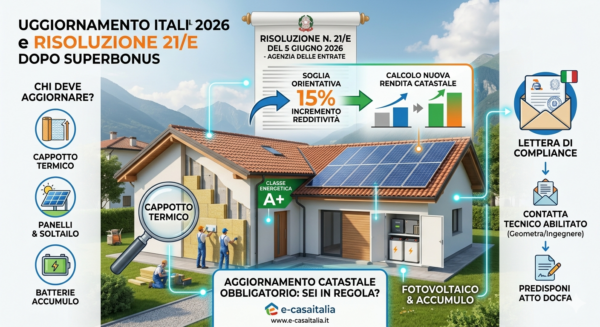 Infografica e-casaitalia sull'obbligo di aggiornamento catastale nel 2026 dopo il Superbonus, con i criteri della Risoluzione 21/E dell'Agenzia delle Entrate.