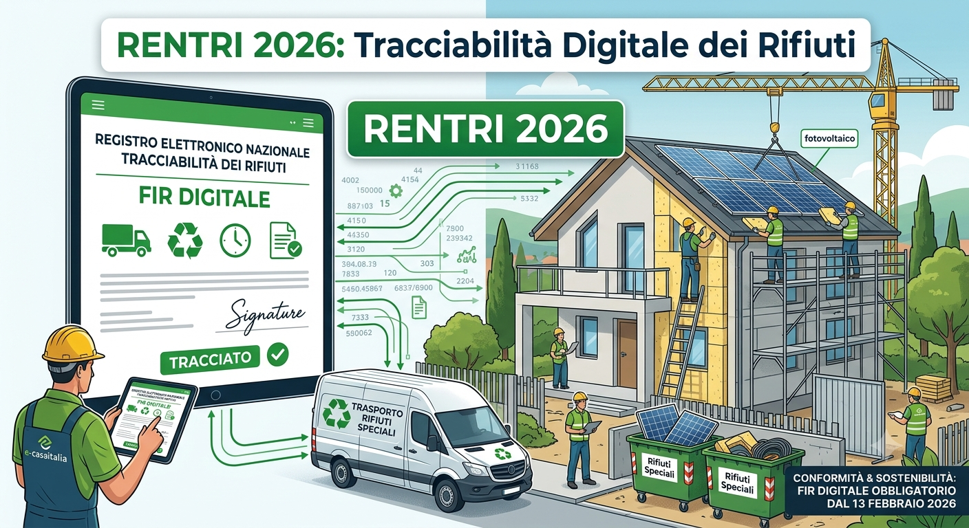 Homepage - 157 Infografica Sul Rentri 2026 E Fir Digitale Obbligatorio Per Un Cantiere Di Riqualificazione Energetica Di E-Casaitalia Con Installazione Di Pannelli Fotovoltaici, Gestione E Trasporto Di Rifiuti Speciali Tracciati Tramite Tablet.