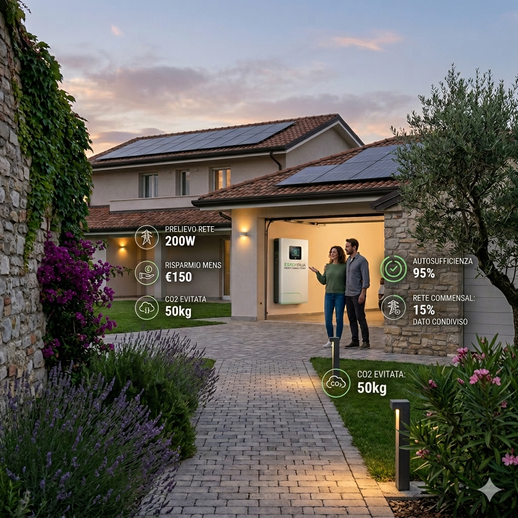 Homepage - 158 Una Coppia Guarda Con Soddisfazione Un Sistema Di Accumulo Energetico A Parete In Garage, Con Testo Esplicativo Che Mostra Dati Come 'Risparmio Mens: €150' E 'Autosufficienza: 95%'. La Casa Moderna È Dotata Di Pannelli Solari Sul Tetto.