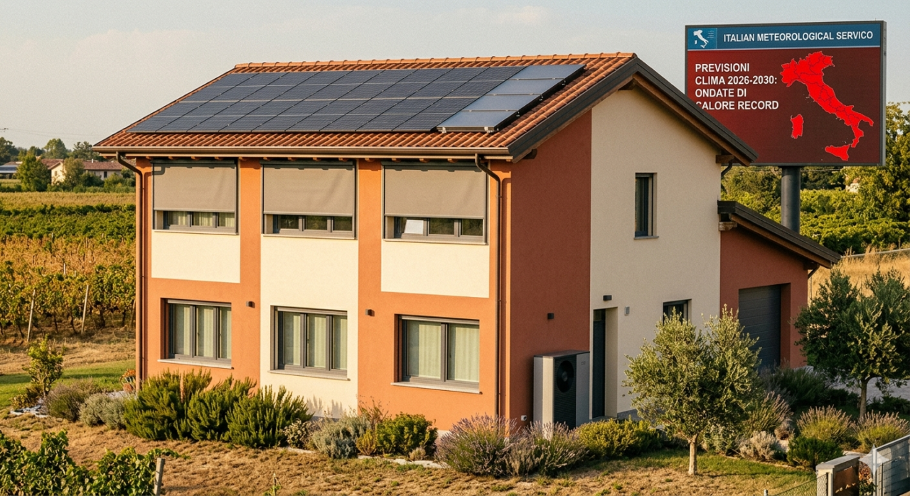 Clima 2026-2030, la drastica svolta del cambiamento climatico: cinque anni di caldo record. Perché riqualificare casa adesso conviene di più - 1 Casa Efficiente Con Pannelli Fotovoltaici E Sistemi Di Isolamento Termico Per Proteggersi Dal Cambiamento Climatico E Dalle Ondate Di Calore Record