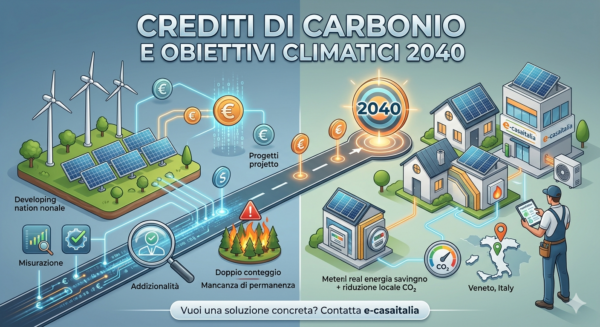 Infografica sui crediti di carbonio e obiettivi climatici 2040 che confronta i rischi dei titoli finanziari astratti con le soluzioni energetiche concrete e locali di e-casaitalia in Veneto.