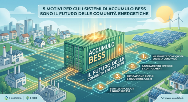 Infografica illustrata che riassume i vantaggi strategici dei sistemi di accumulo BESS per le comunità energetiche rinnovabili, mostrando l'integrazione tra un container di stoccaggio a batterie, pannelli fotovoltaici, pale eoliche e una rete urbana intelligente