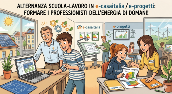 Vignetta che illustra il percorso di alternanza scuola lavoro di due giovani studenti in e-casaitalia ed e-progetti, focalizzato sulla transizione energetica.
