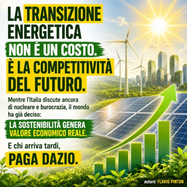 Infografica sulla transizione energetica e competitività economica con pannelli fotovoltaici, pale eoliche e grafico di crescita verde. Autore Flavio Pinton.