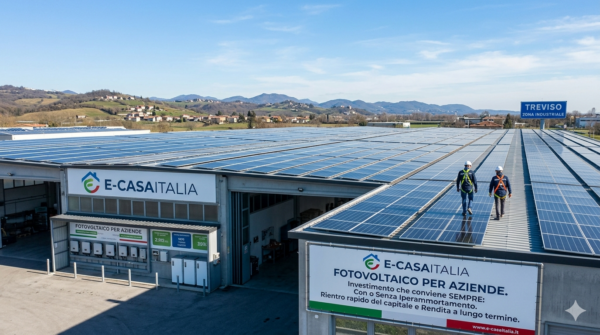 Foto quadrata scattata dall'alto che mostra la copertura di un capannone industriale interamente rivestita di pannelli fotovoltaici. Due installatori con imbracatura di sicurezza e caschi bianchi camminano lungo una passerella tra i moduli solari. Sulla facciata dell'edificio è ben visibile un grande striscione bianco e-casaitalia con la scritta "Fotovoltaico per aziende. Investimento che conviene SEMPRE". Sullo sfondo si stagliano colline e un cielo azzurro.