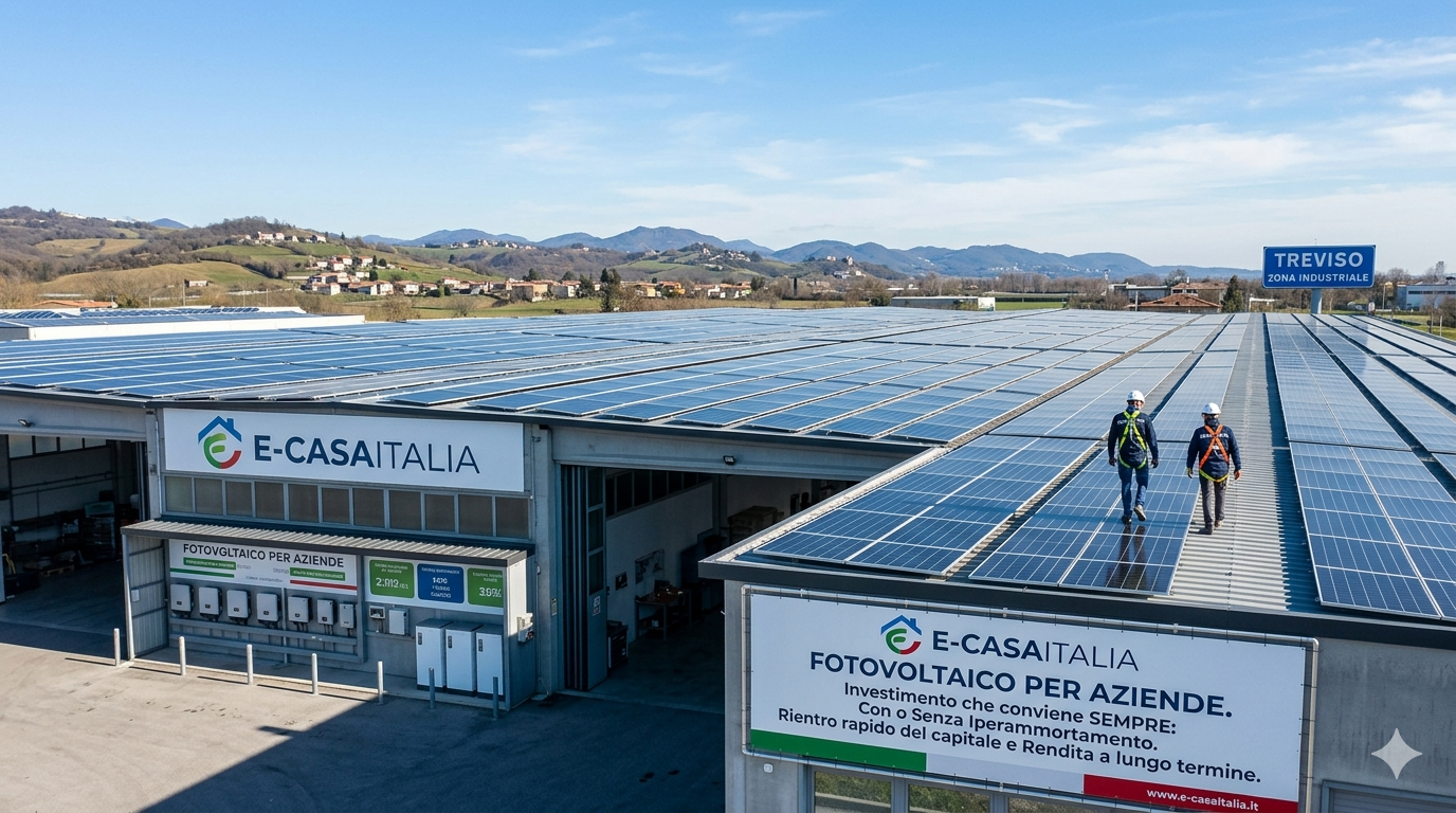 Homepage - 159 Foto Quadrata Scattata Dall'Alto Che Mostra La Copertura Di Un Capannone Industriale Interamente Rivestita Di Pannelli Fotovoltaici. Due Installatori Con Imbracatura Di Sicurezza E Caschi Bianchi Camminano Lungo Una Passerella Tra I Moduli Solari. Sulla Facciata Dell'Edificio È Ben Visibile Un Grande Striscione Bianco E-Casaitalia Con La Scritta &Quot;Fotovoltaico Per Aziende. Investimento Che Conviene Sempre&Quot;. Sullo Sfondo Si Stagliano Colline E Un Cielo Azzurro.