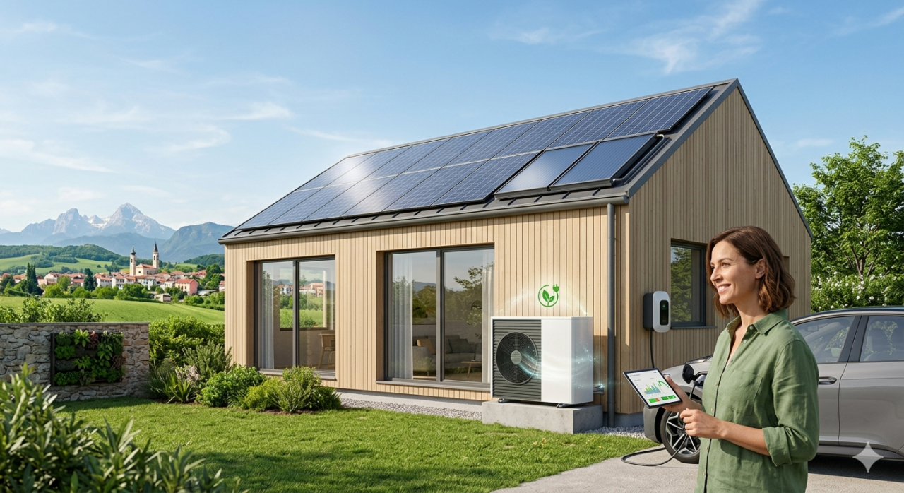 Il 15% del riscaldamento globale viene da qui: cosa sono i gas serra indiretti e perché elettrificare casa conta più di quanto pensi - 1 Una Casa Moderna Ed Efficiente In Italia, Con Pannelli Solari, Una Pompa Di Calore E Una Colonnina Per La Ricarica Di Un'Auto Elettrica, Circondata Da Un Paesaggio Pulito E Naturale, Simboleggiando La Riduzione Dei Gas Serra Indiretti Grazie All'Elettrificazione.