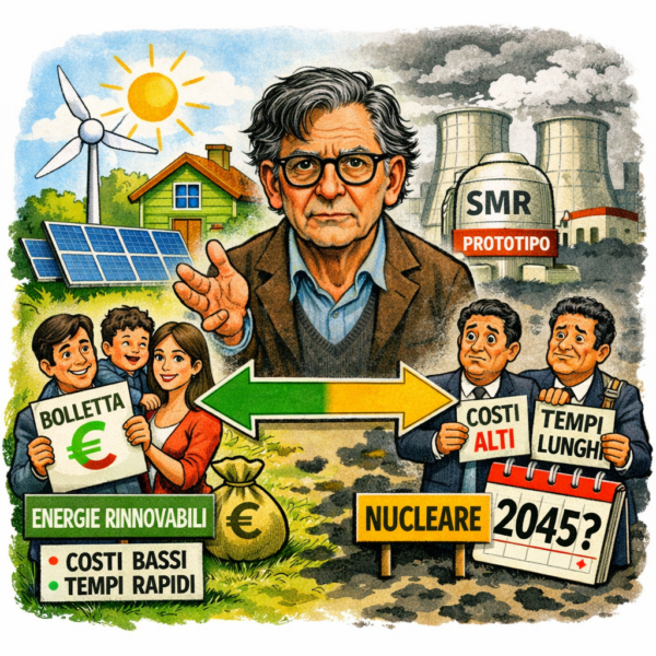 Illustrazione sul dibattito del nucleare in Italia con il Nobel Giorgio Parisi, impianti fotovoltaici e soluzioni rinnovabili.
