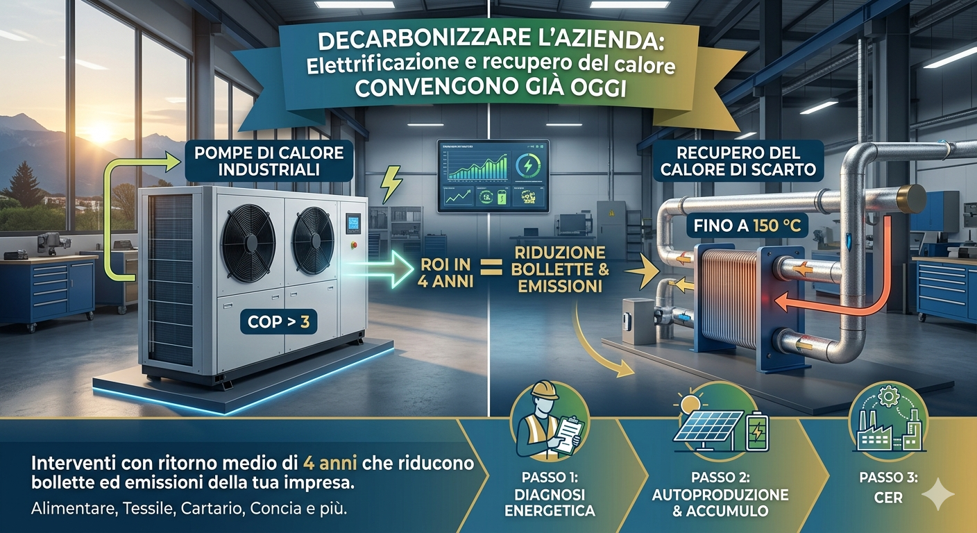 Homepage - 157 Infografica Sugli Interventi Chiave Per Decarbonizzare L'Azienda: Elettrificazione, Pompe Di Calore, Recupero Calore E Fotovoltaico Aziendale Con Ritorno Dell'Investimento A 4 Anni.