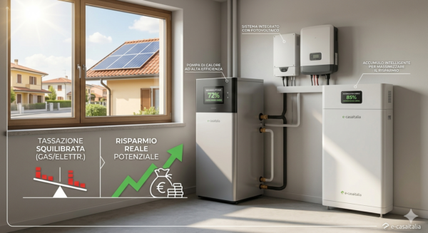 Sistema integrato e-casaitalia con pompa di calore, inverter fotovoltaico e batteria di accumulo in una stanza utility. L'infografica mostra il 72% di risparmio sui consumi energetici e il potenziale risparmio reale con una tassazione equa.