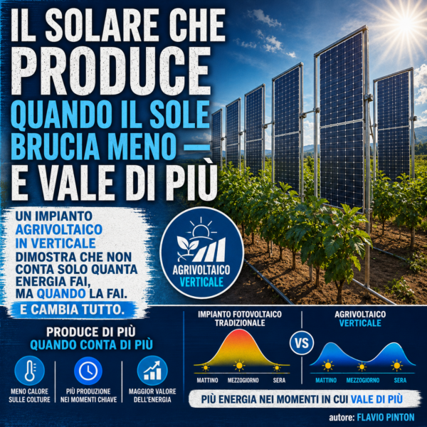 Infografica sull'agrivoltaico verticale che mostra pannelli fotovoltaici bifacciali installati in un campo coltivato. Include un grafico comparativo tra la curva di produzione a campana del fotovoltaico tradizionale e la curva a doppia gobba (mattino e sera) dell'agrivoltaico verticale, evidenziando i vantaggi in termini di valore dell'energia e protezione delle colture dal calore.